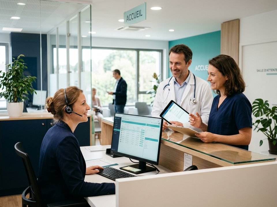 Secrétariat médical moderne en Bretagne avec une secrétaire médicale au casque et deux médecins souriants